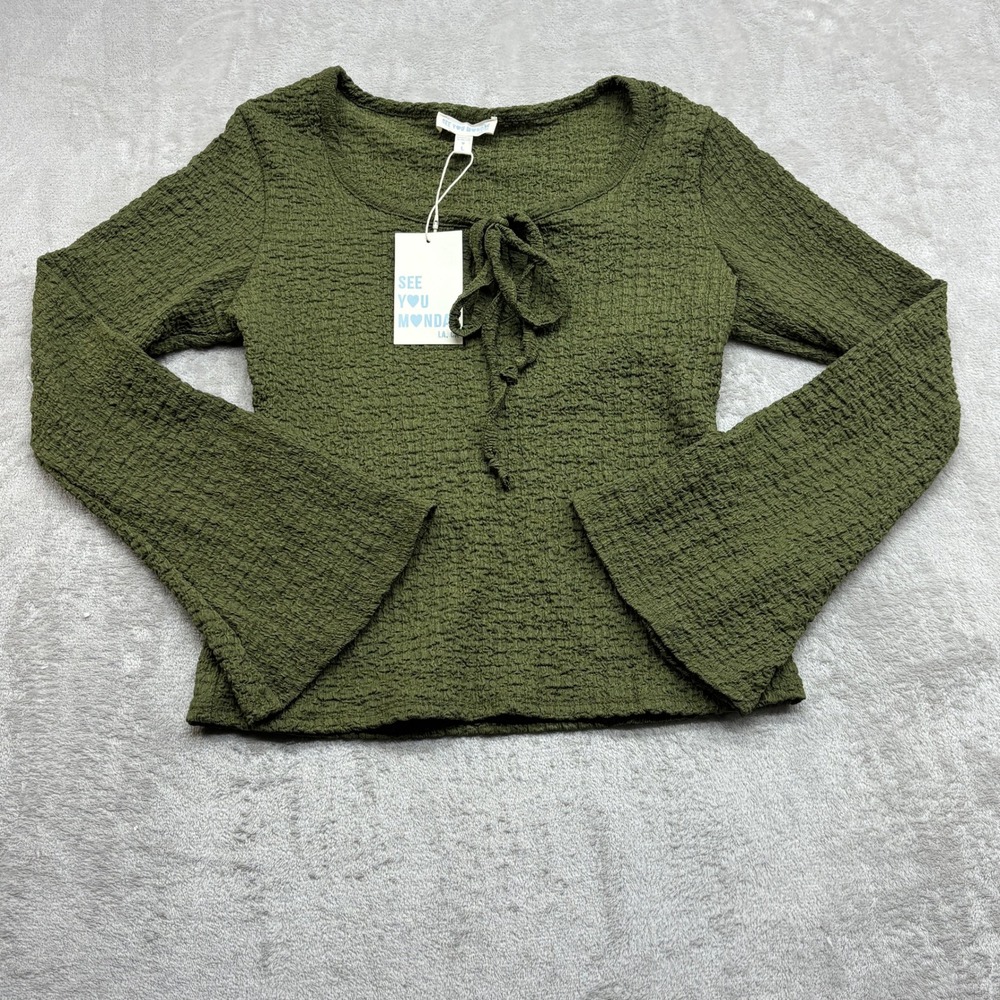 See You Monday Popcorn Top Women's L Green Tie Neck Fairycore Retro 90s Style